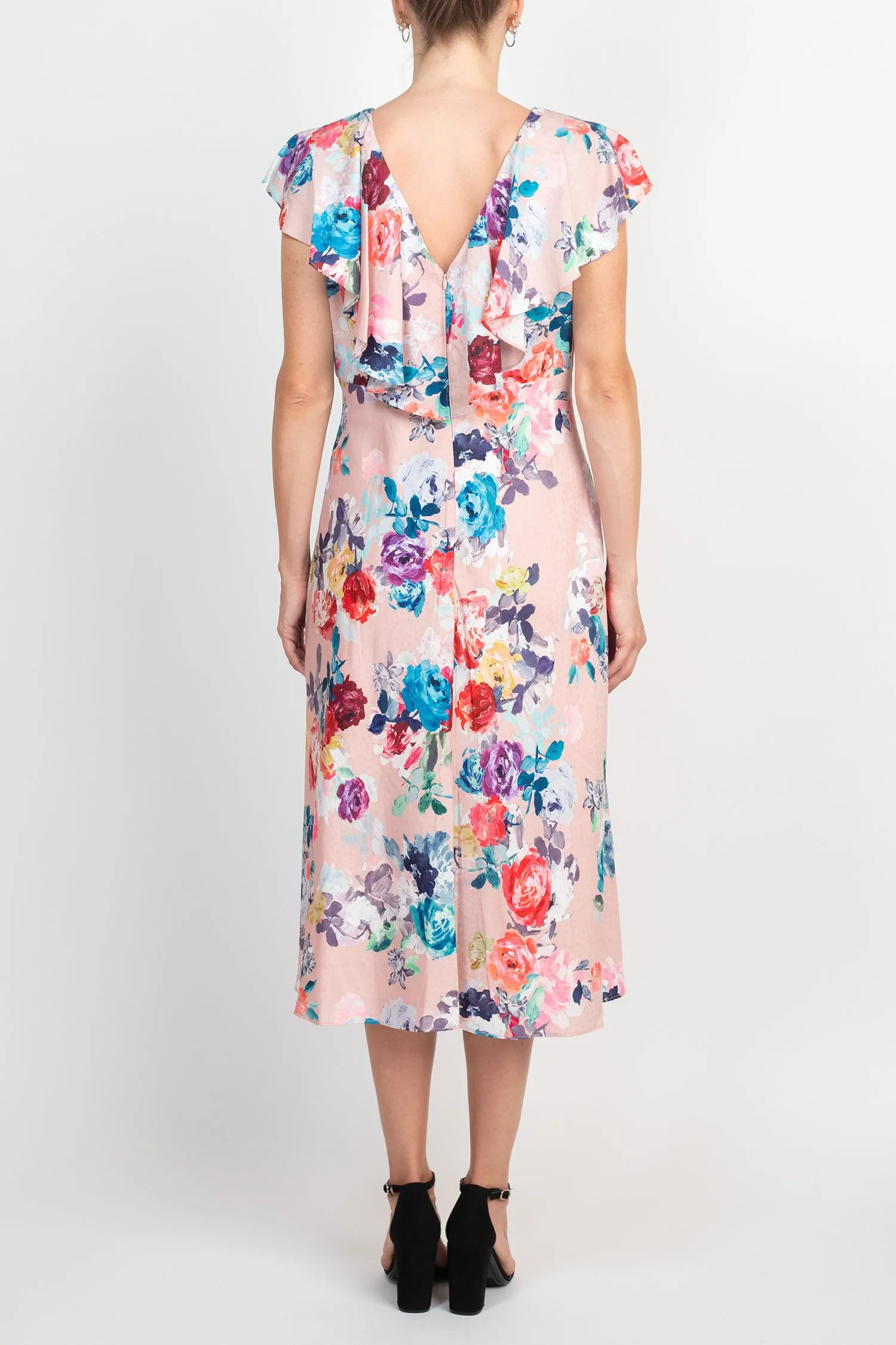 Adrianna Papell Jewel Neck Flutter Sleeve & Soft Pleats Floral Print Empire Waist Midi Dress