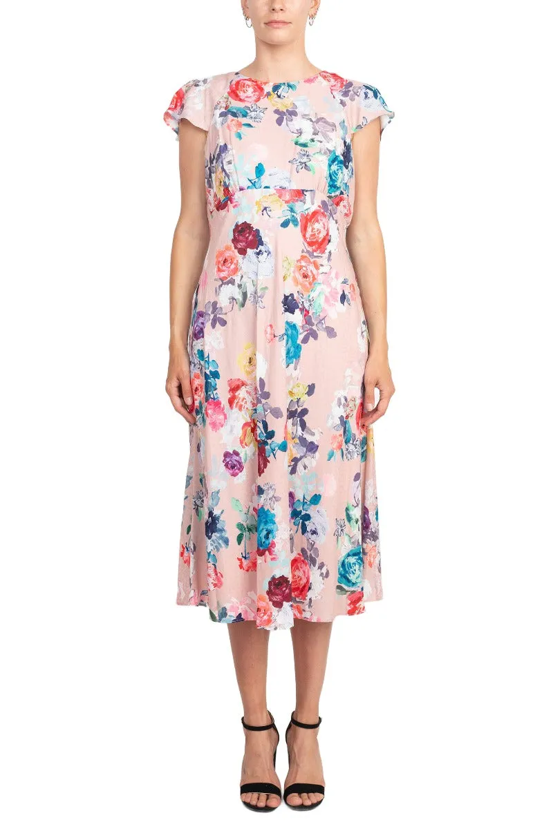 Adrianna Papell Jewel Neck Flutter Sleeve & Soft Pleats Floral Print Empire Waist Midi Dress