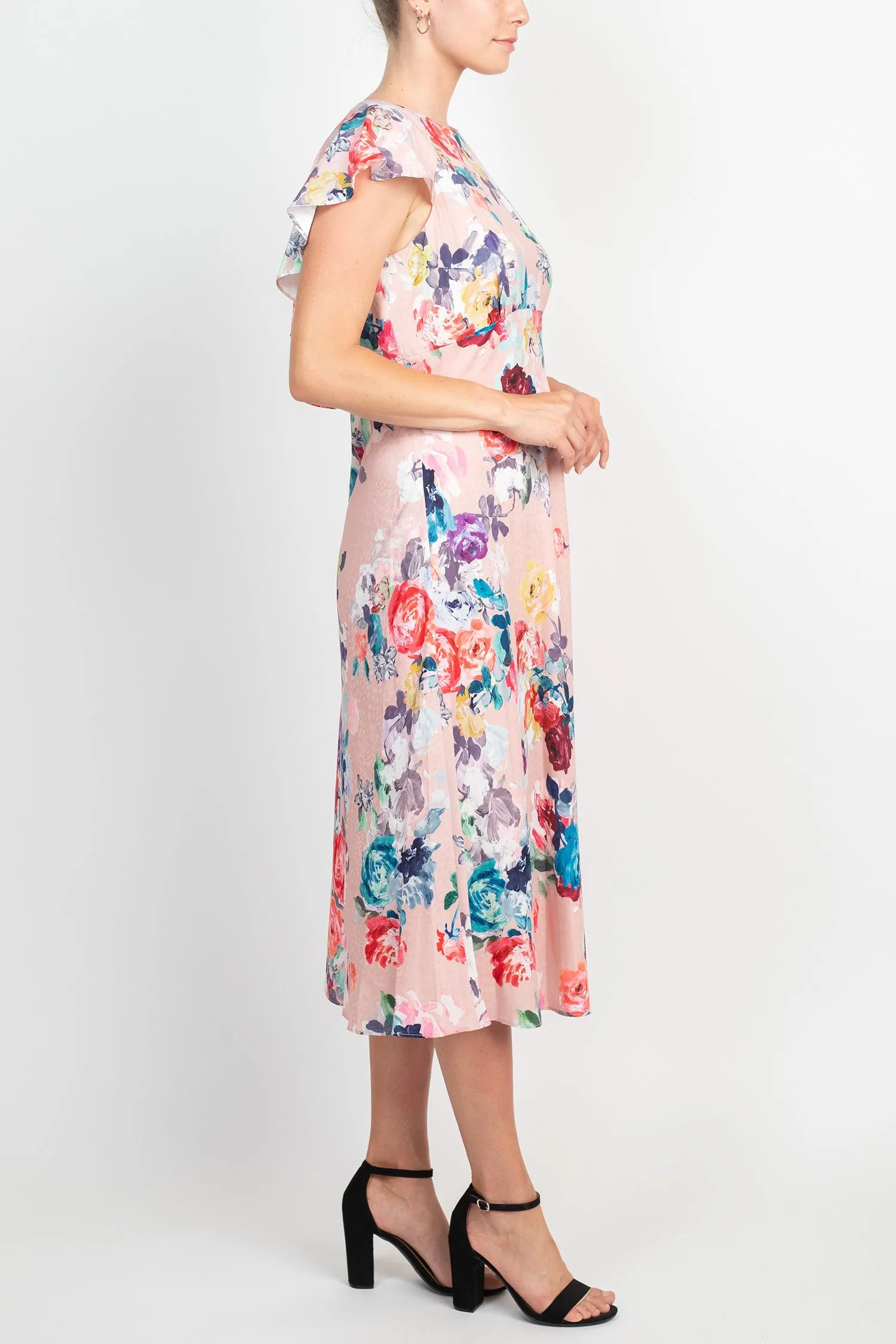 Adrianna Papell Jewel Neck Flutter Sleeve & Soft Pleats Floral Print Empire Waist Midi Dress