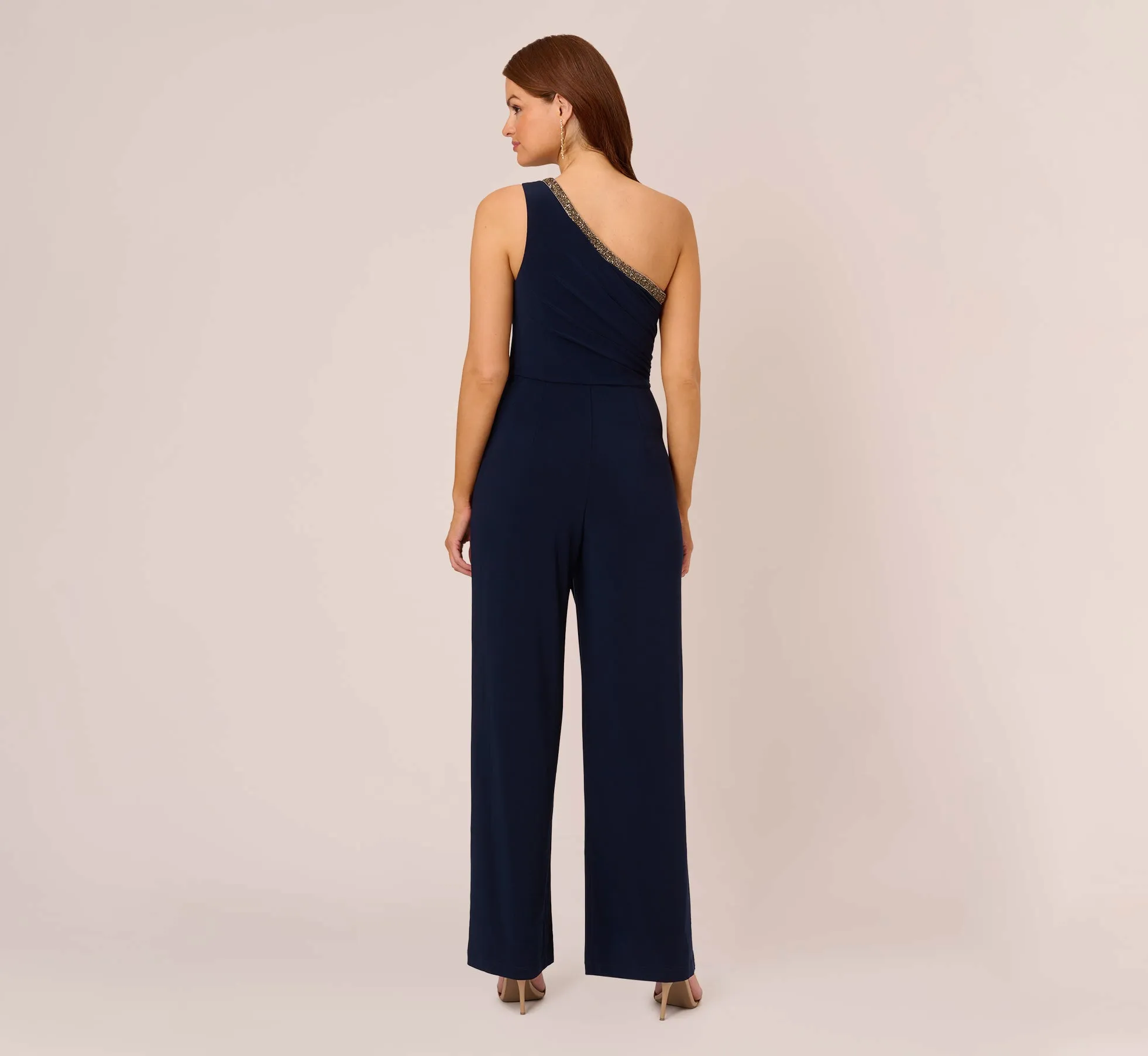 Beaded One-Shoulder Matte Jersey Jumpsuit In Midnight