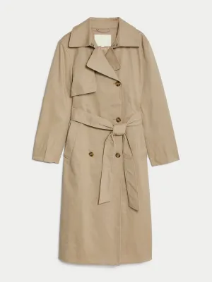 Beige belted long-line trench coat