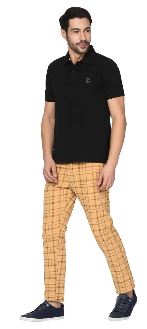 Brown Stretchable Slim Fit checked casual Trousers for Men's