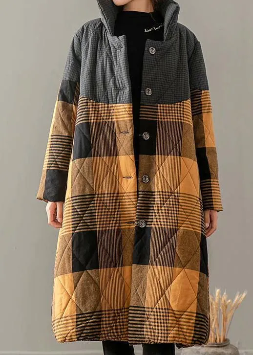 Casual Plus Size Winter Overcoat Yellow Plaid Stand Collar Button Down coats