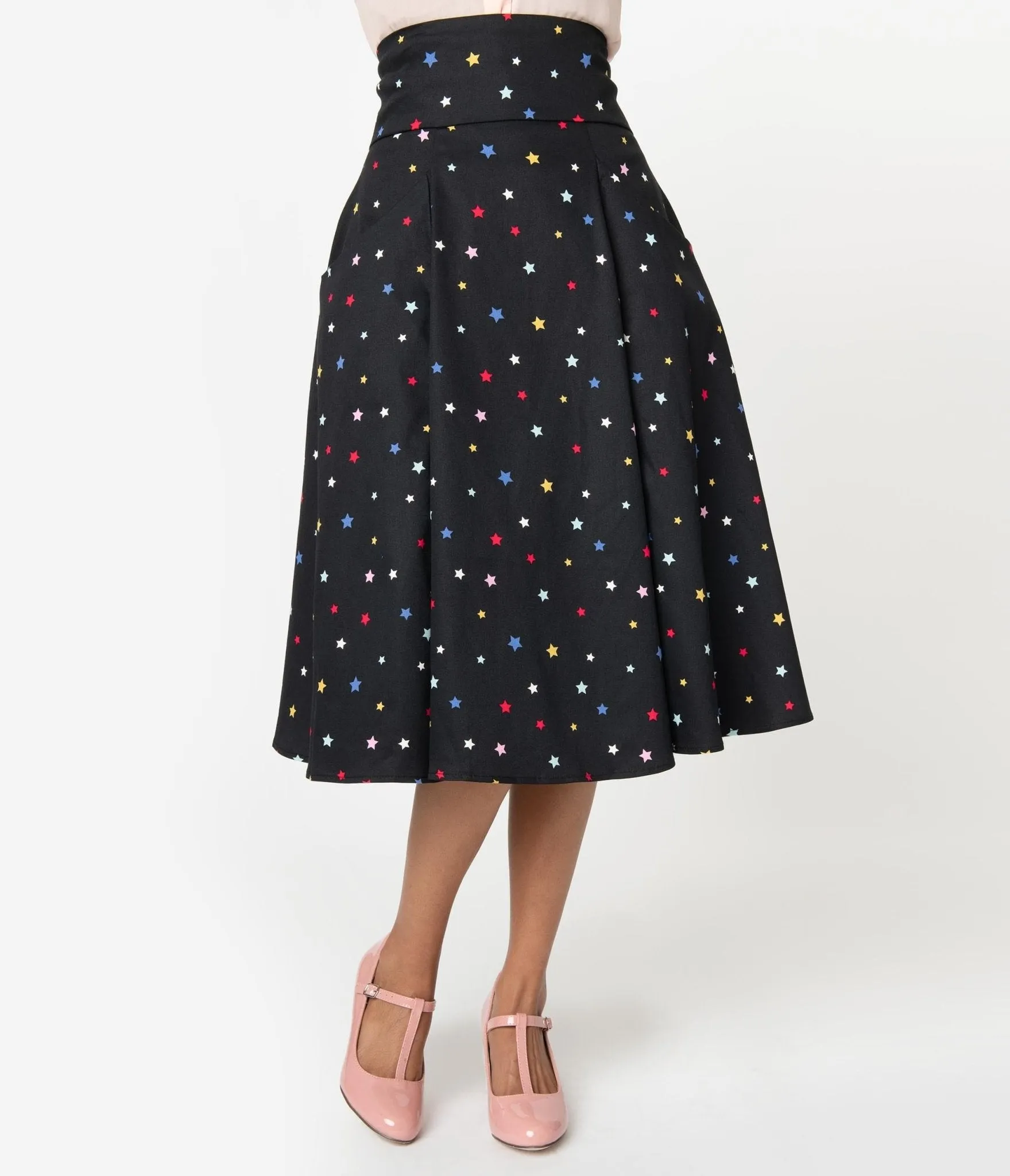 Collectif 1950s Black & Multicolor Stars Alexa Suspender Swing Skirt