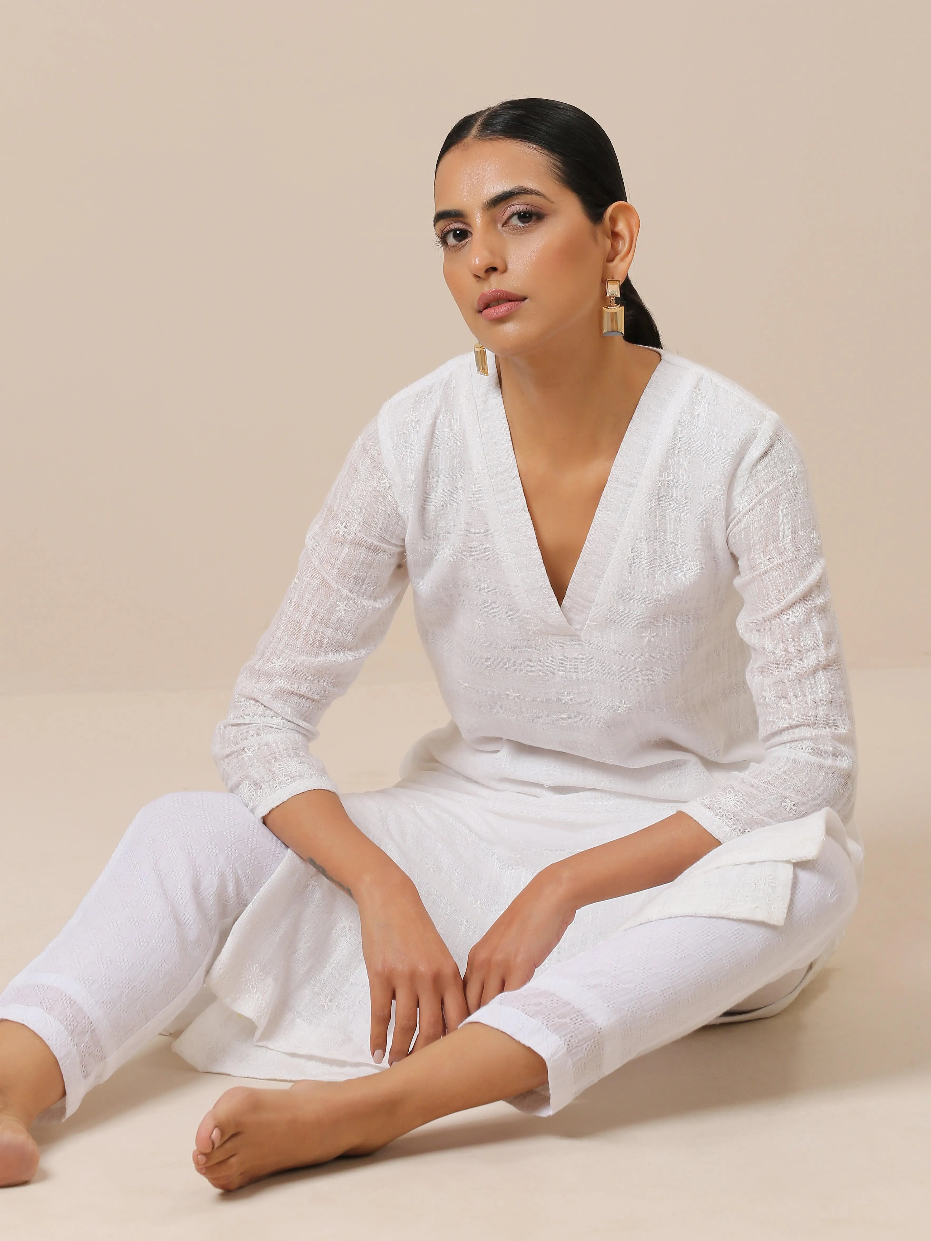 Cotton White Double Hem Embroidered Kurta Pant Set