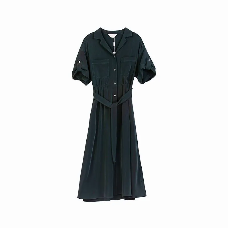 Dark Green Belted Waist Midi Dress with Buttons