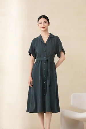 Dark Green Belted Waist Midi Dress with Buttons