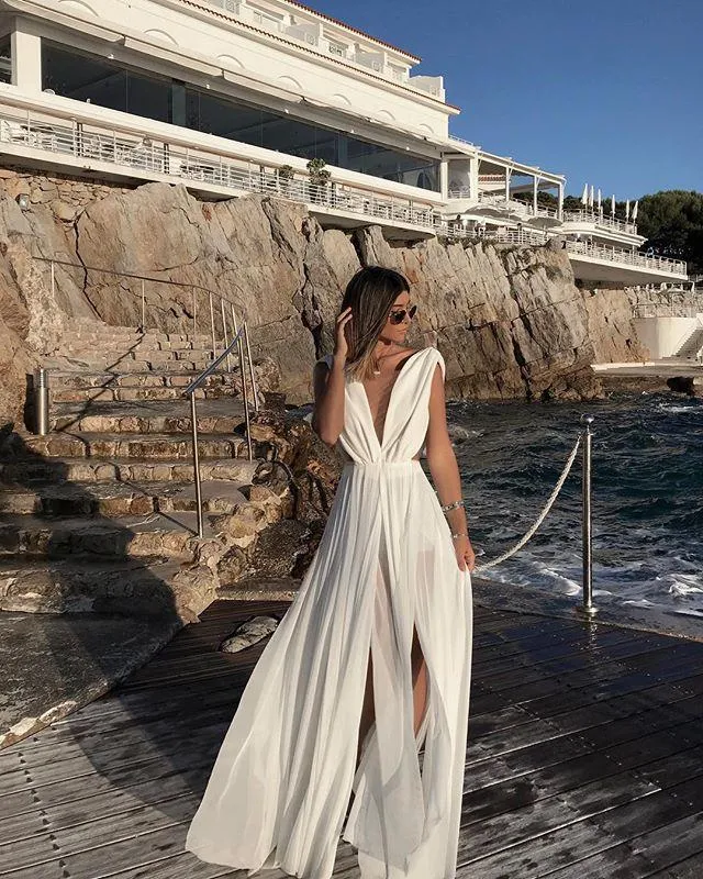 Deep V-Neck Boho Long Gown Dress