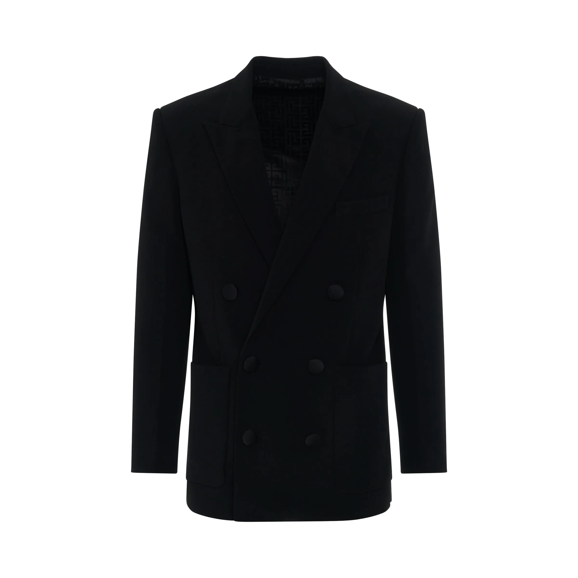 Double Breasted Crepe Blazer with Monogram Lining in Black