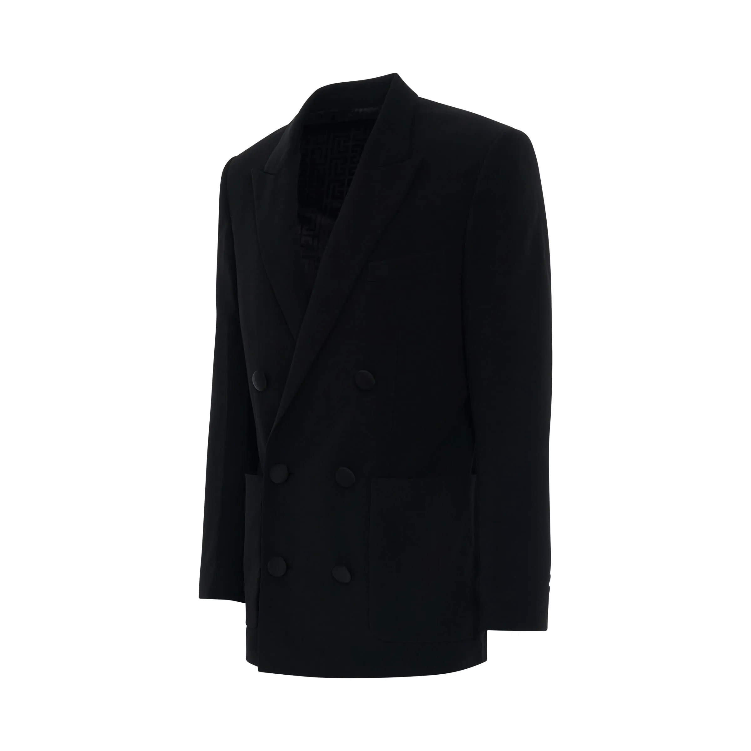 Double Breasted Crepe Blazer with Monogram Lining in Black