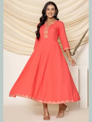 Embroidered Flared Anarkali Maxi Dress -Peach