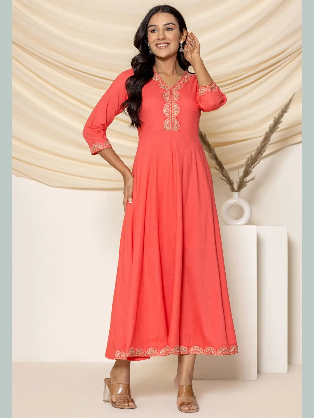 Embroidered Flared Anarkali Maxi Dress -Peach