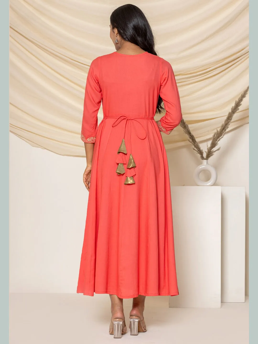 Embroidered Flared Anarkali Maxi Dress -Peach