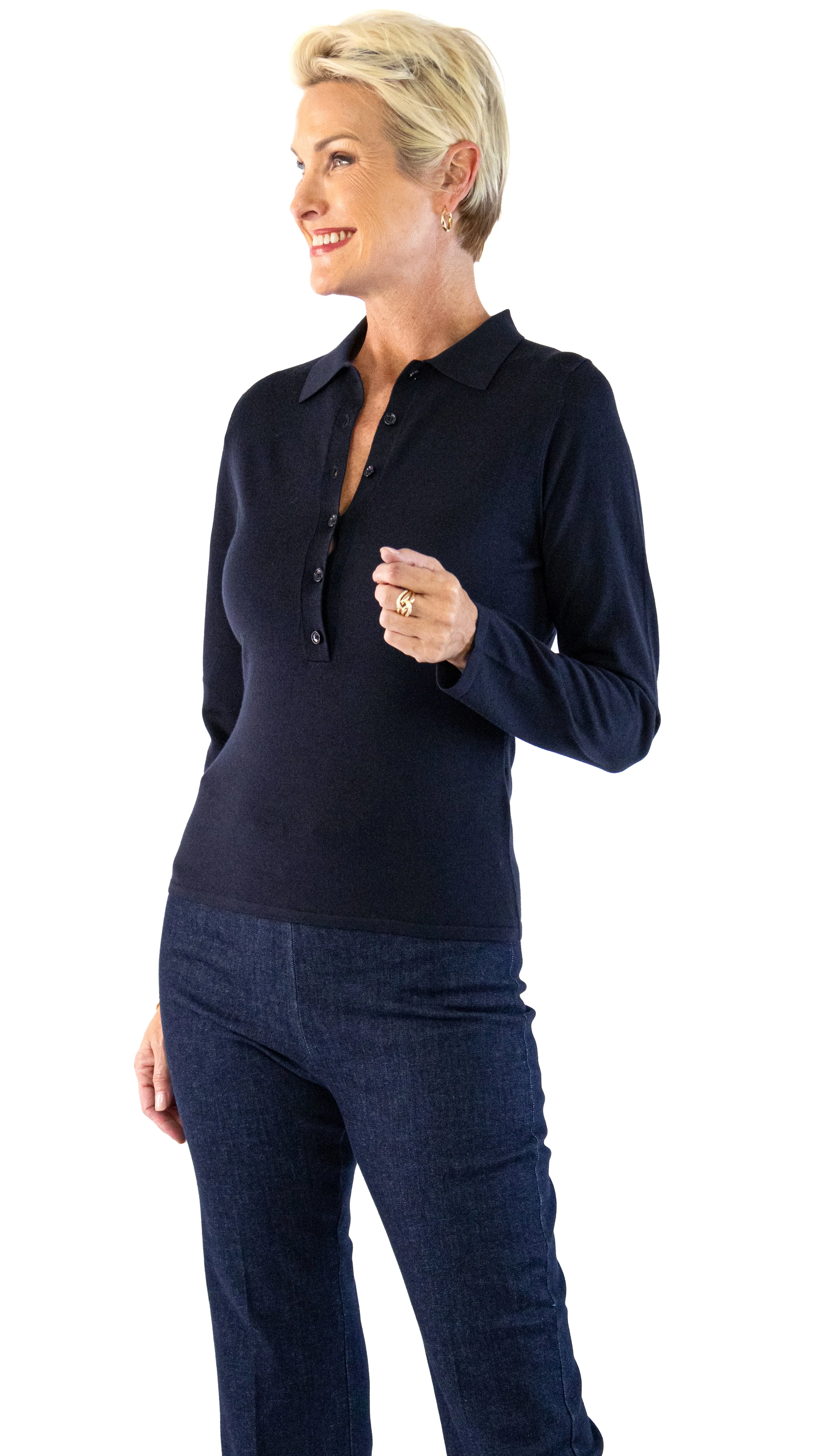 Fine Knit Long Sleeve Polo - Deep Night