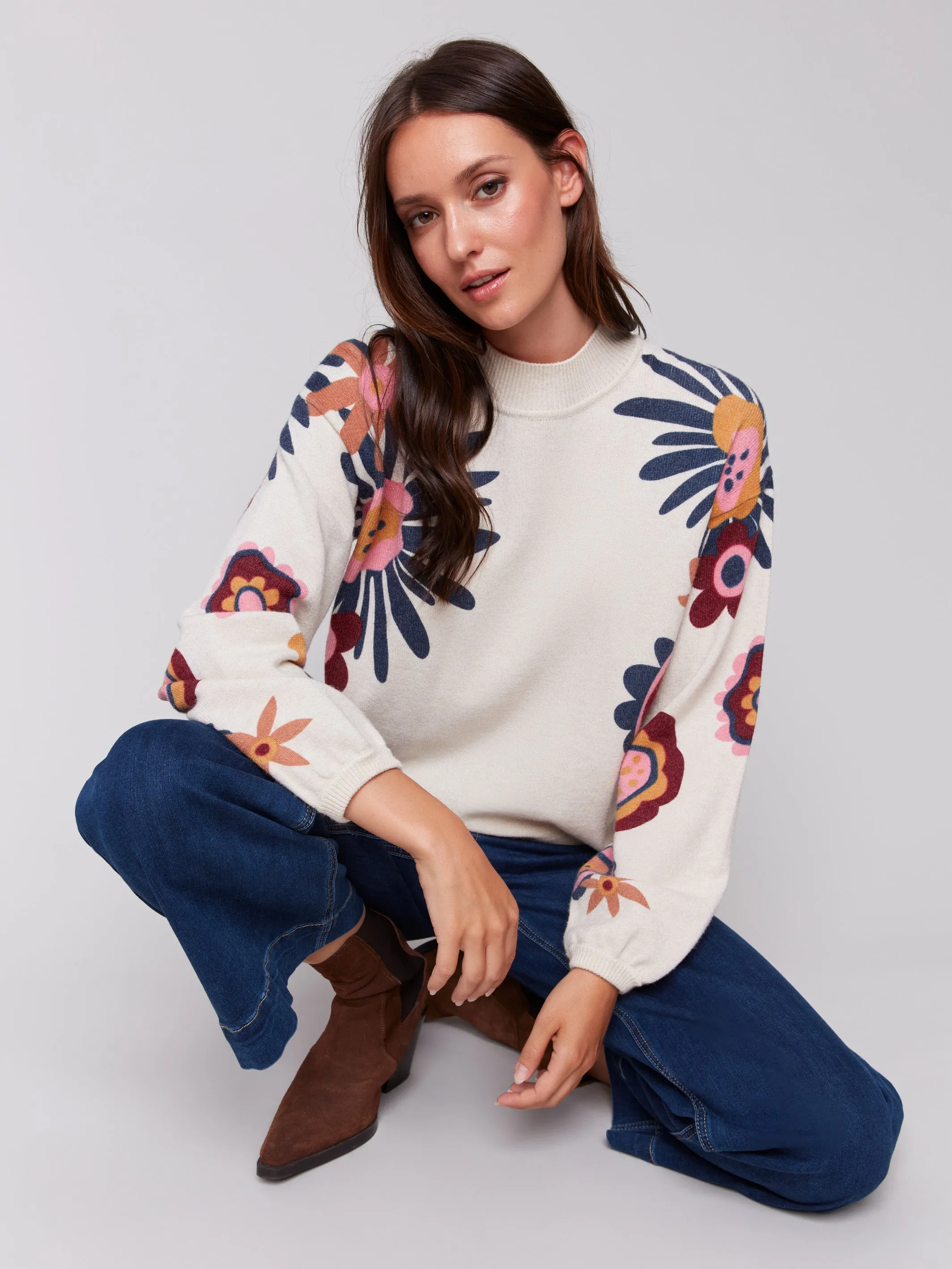 Floral Print Mock Neck Sweater - Beige