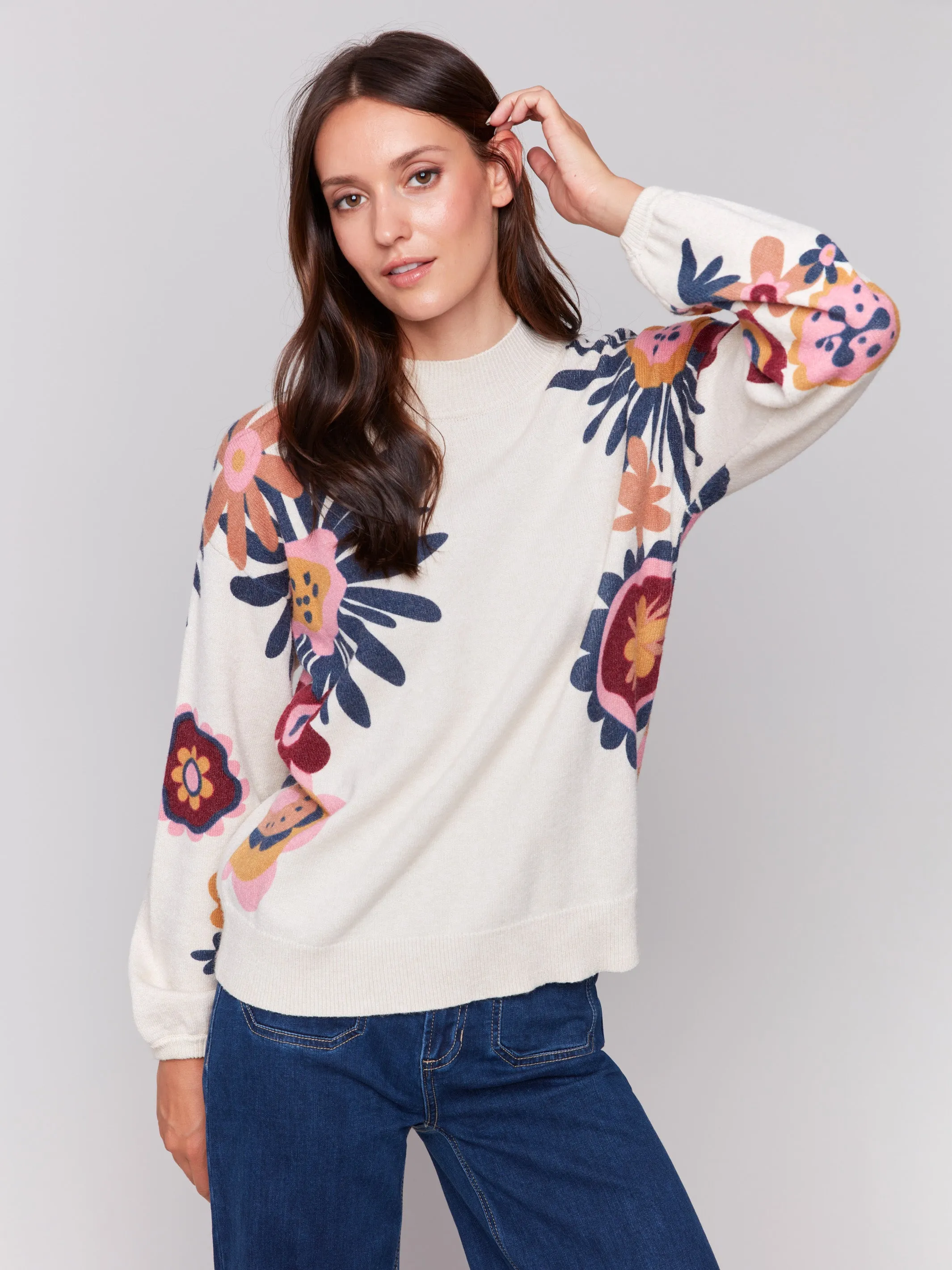 Floral Print Mock Neck Sweater - Beige