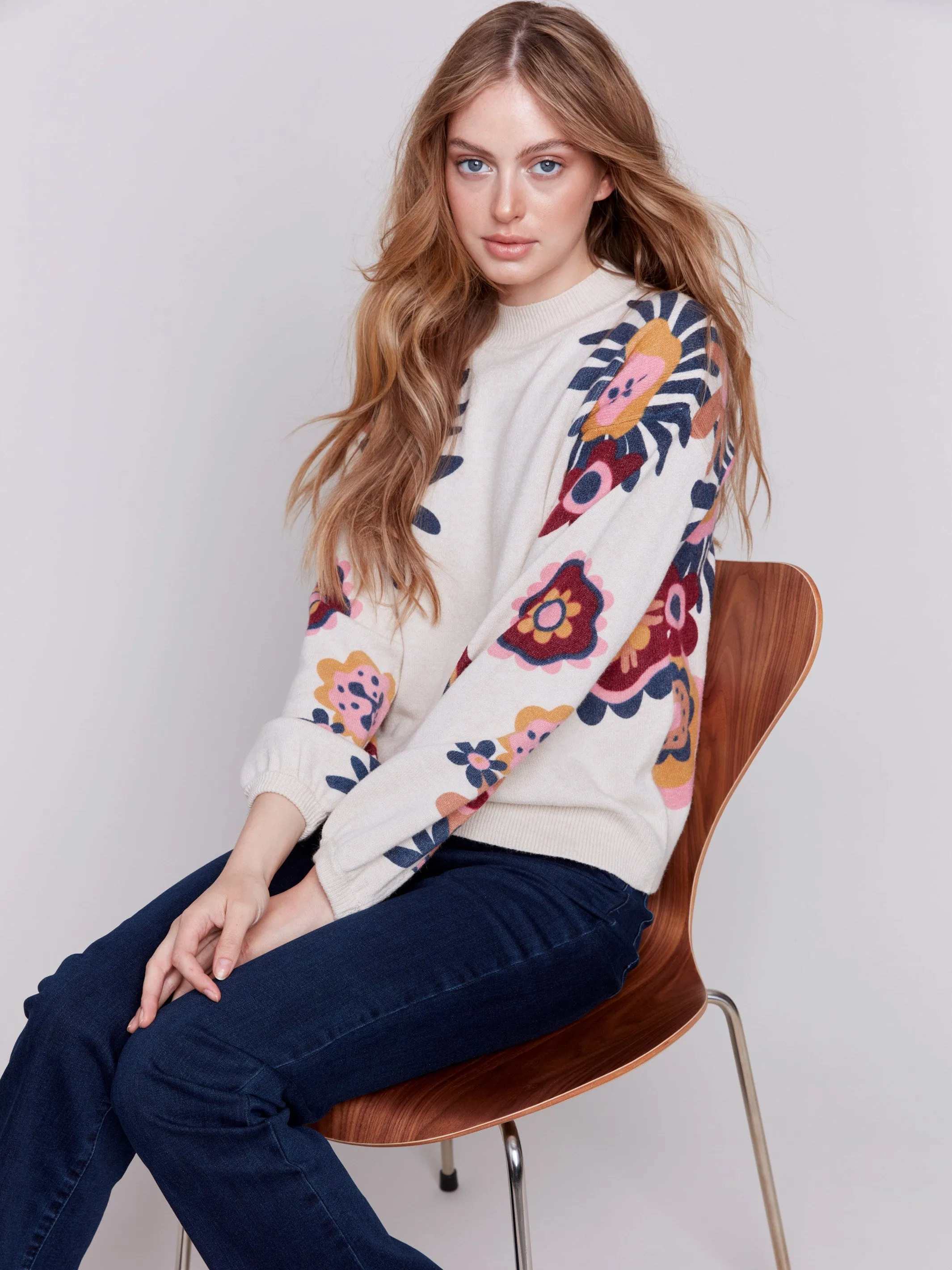 Floral Print Mock Neck Sweater - Beige