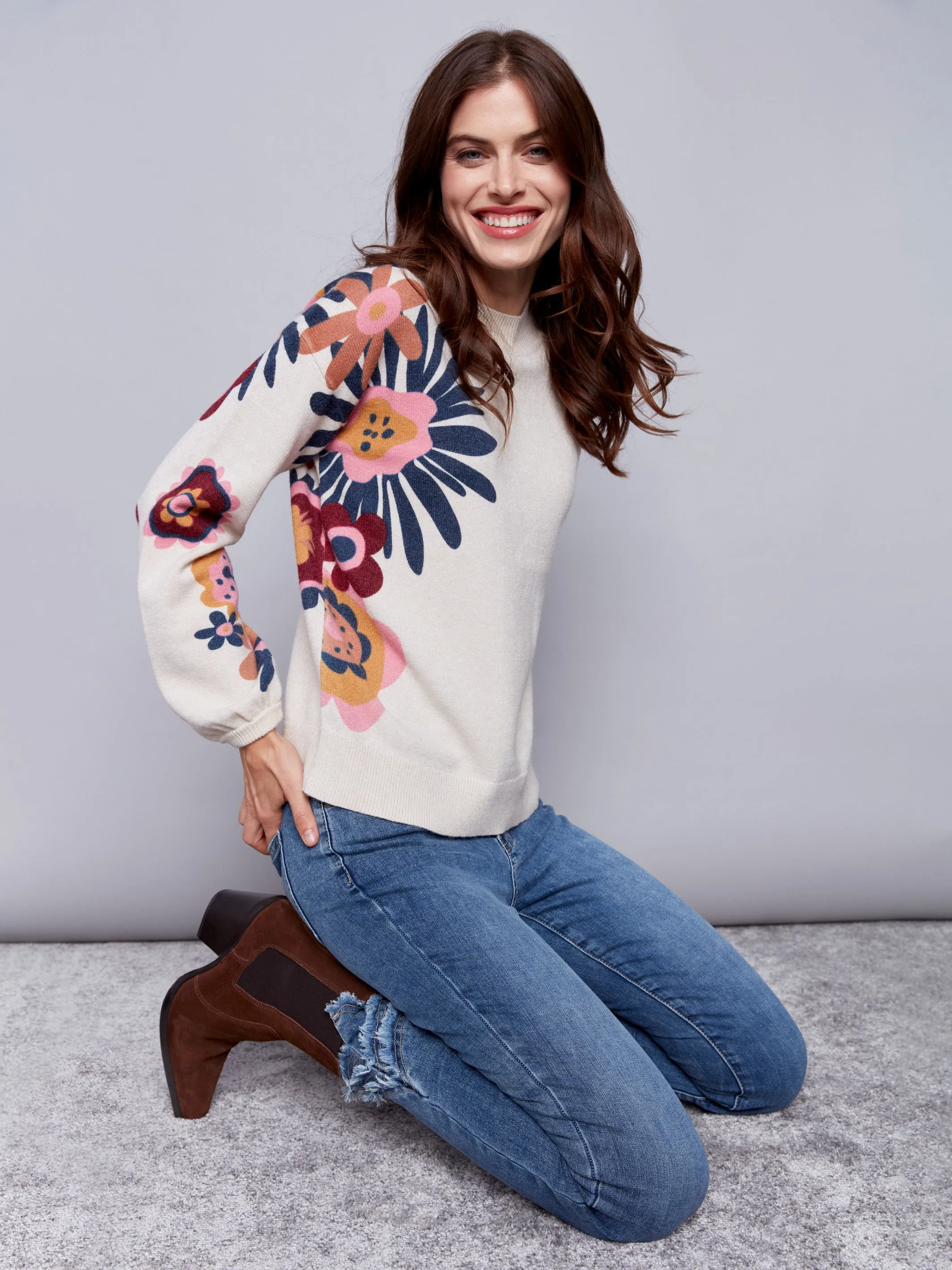 Floral Print Mock Neck Sweater - Beige