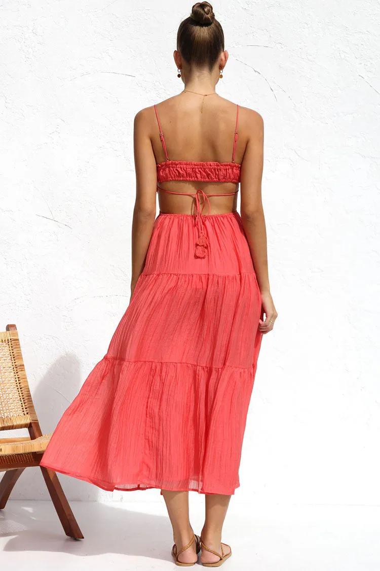 Flowy Frilled Tie Neck Cutout Ruched Flared Summer Midi Sundress - Watermelon