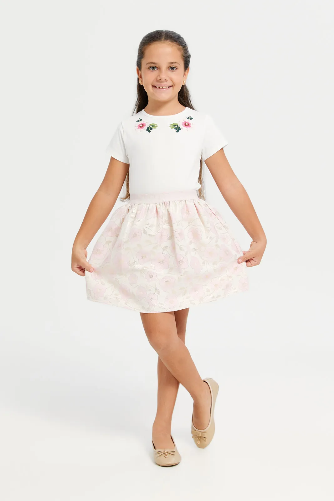 Girls Gold Floral Full Circle Jacquard Skirt