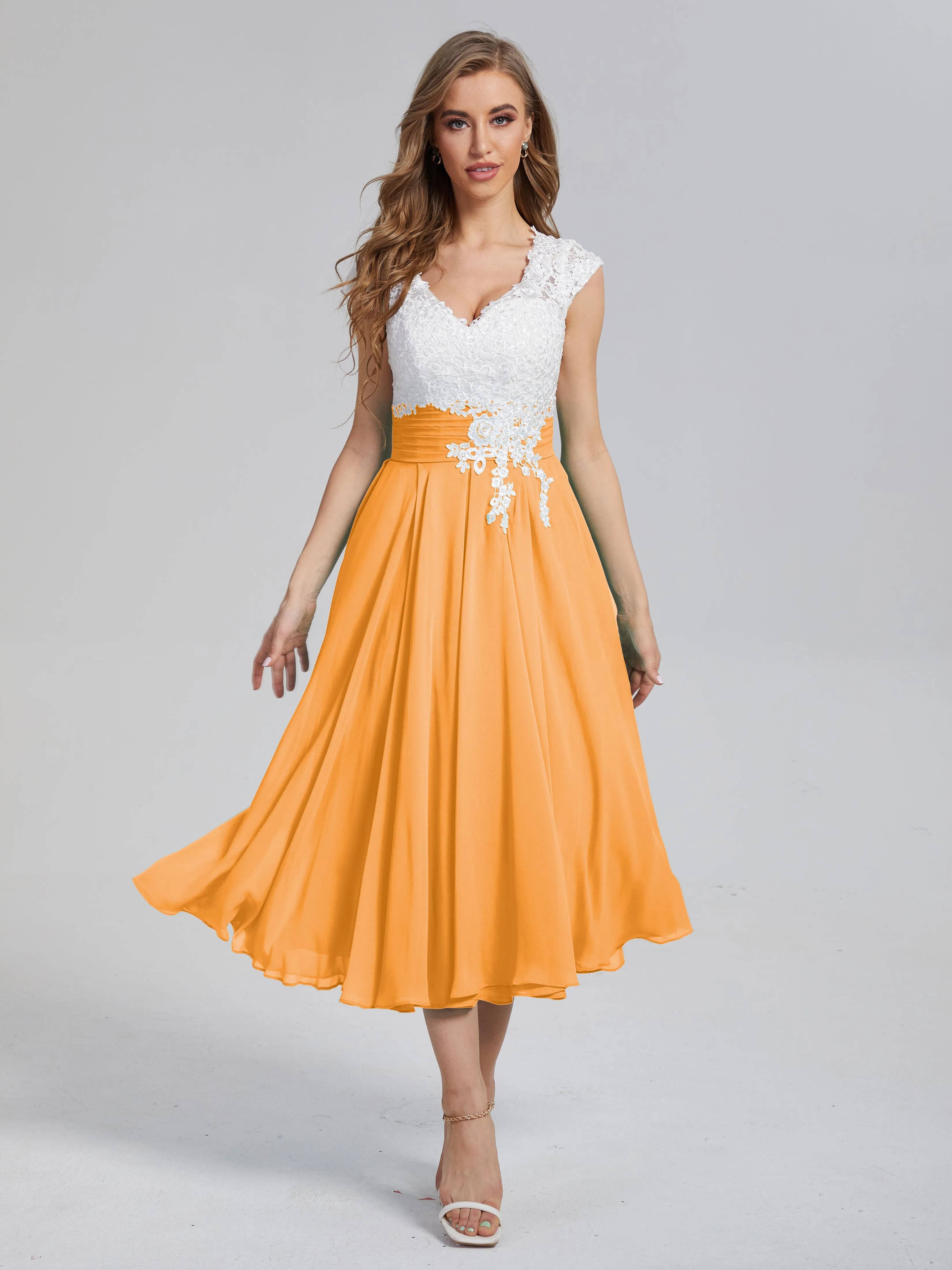 Graceful Lace Tea Length Chiffon Mother of the Bride Dresses