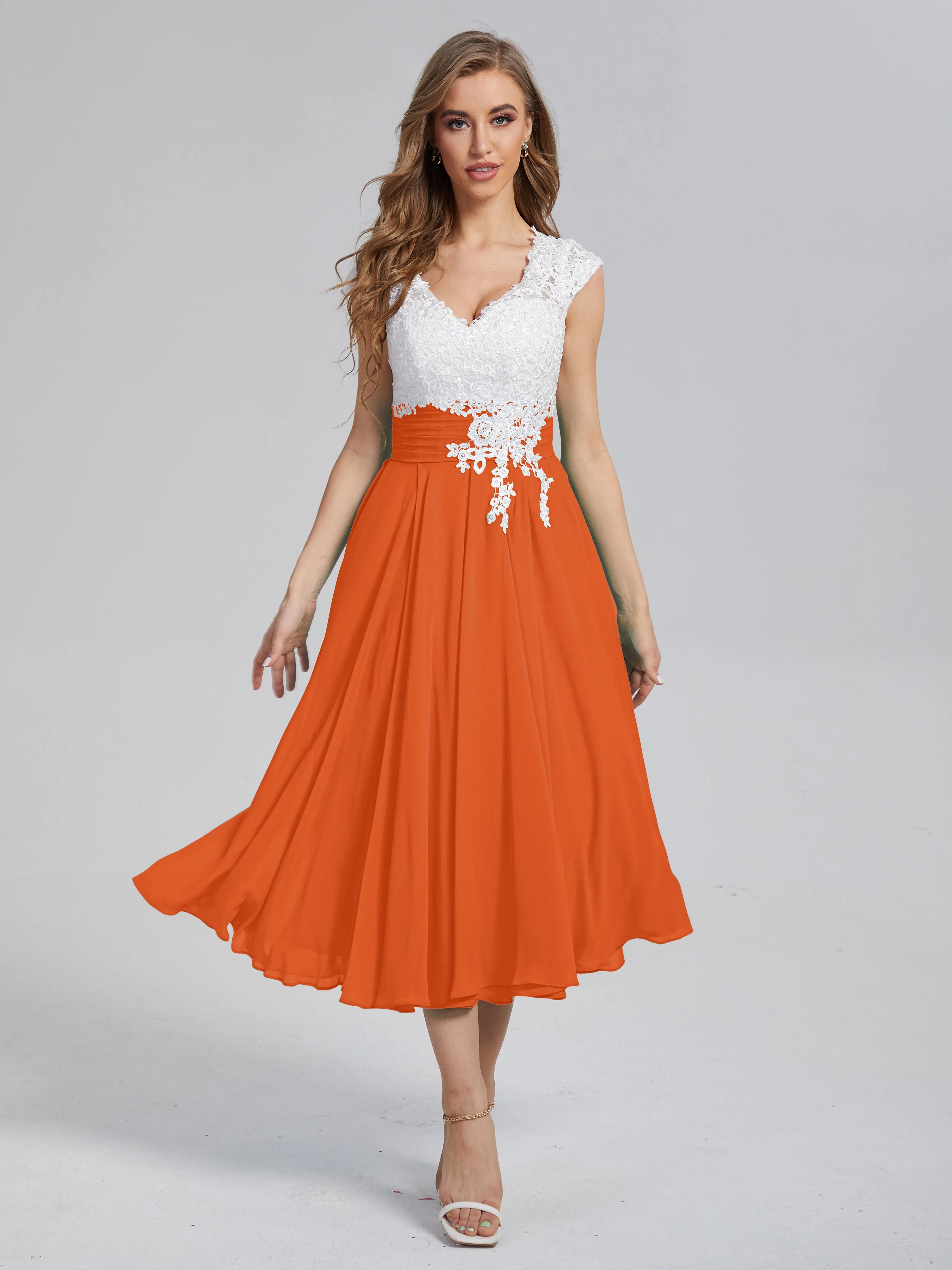 Graceful Lace Tea Length Chiffon Mother of the Bride Dresses