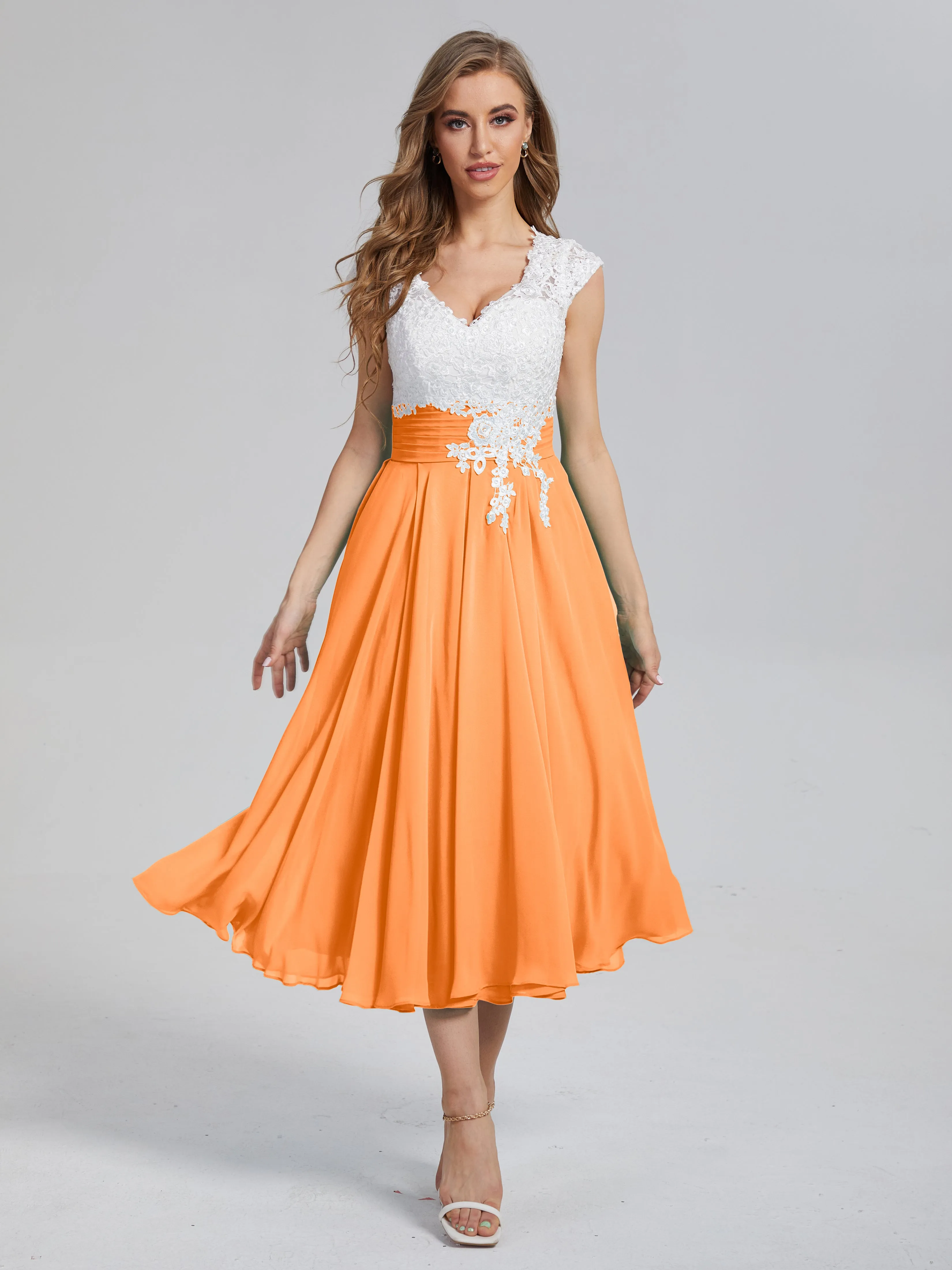 Graceful Lace Tea Length Chiffon Mother of the Bride Dresses