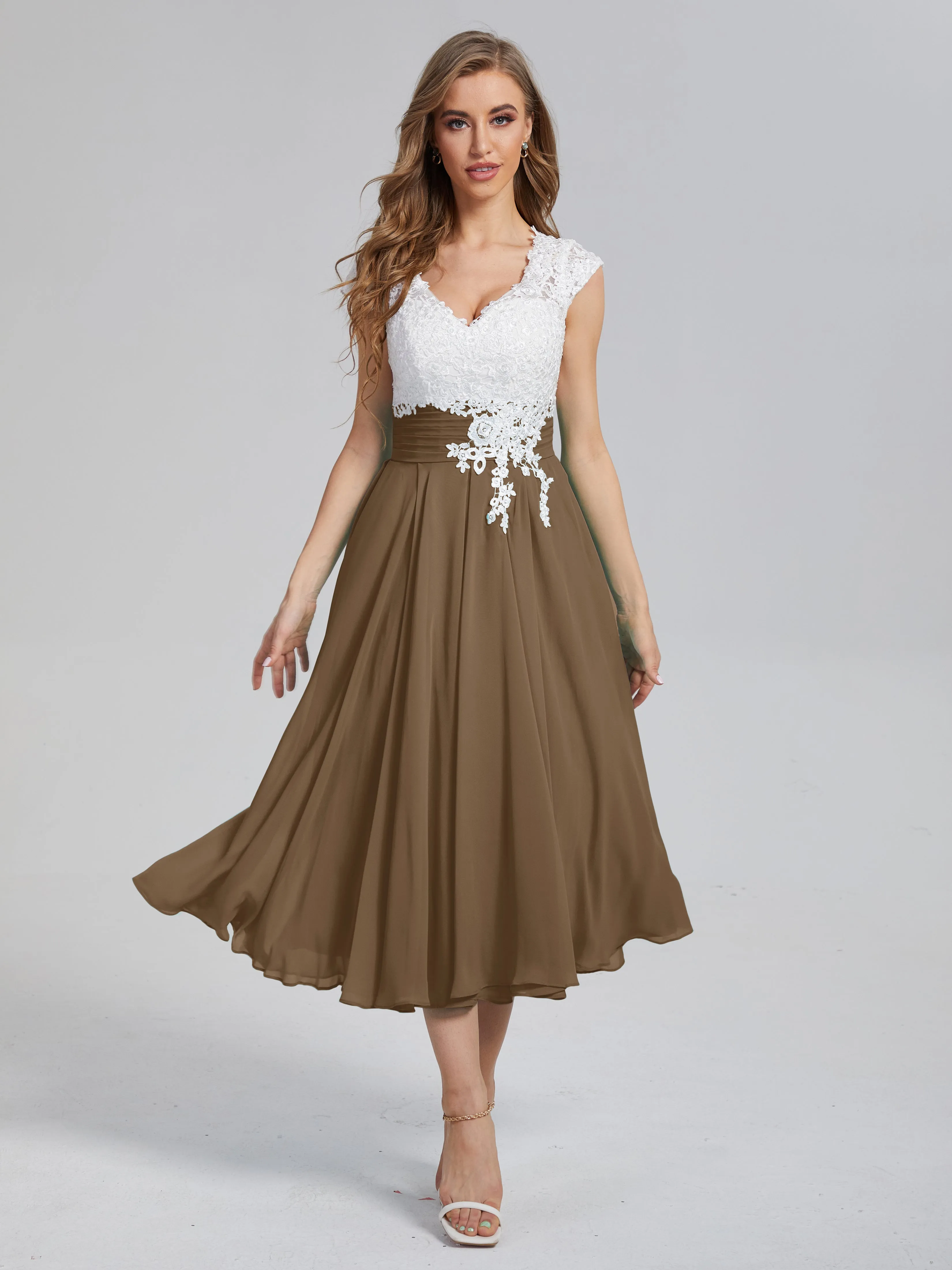 Graceful Lace Tea Length Chiffon Mother of the Bride Dresses