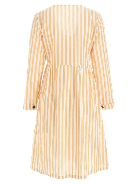 Graceful Sleeve High Waist Buttoned Stripe Dress