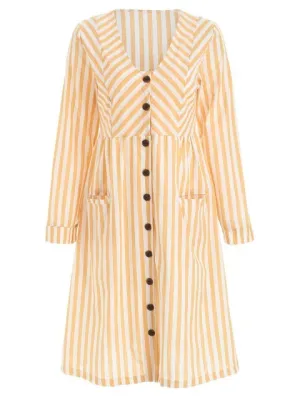 Graceful Sleeve High Waist Buttoned Stripe Dress