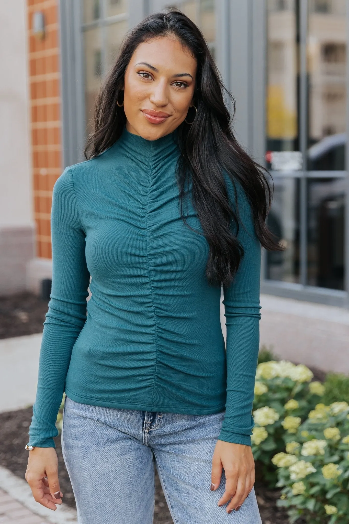 Green Cinched Mock Neck Top - DOORBUSTER