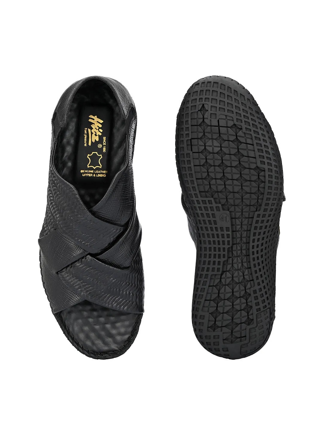 Hitz Men's Black Leather Slip-On Open Toe Casual Sandals