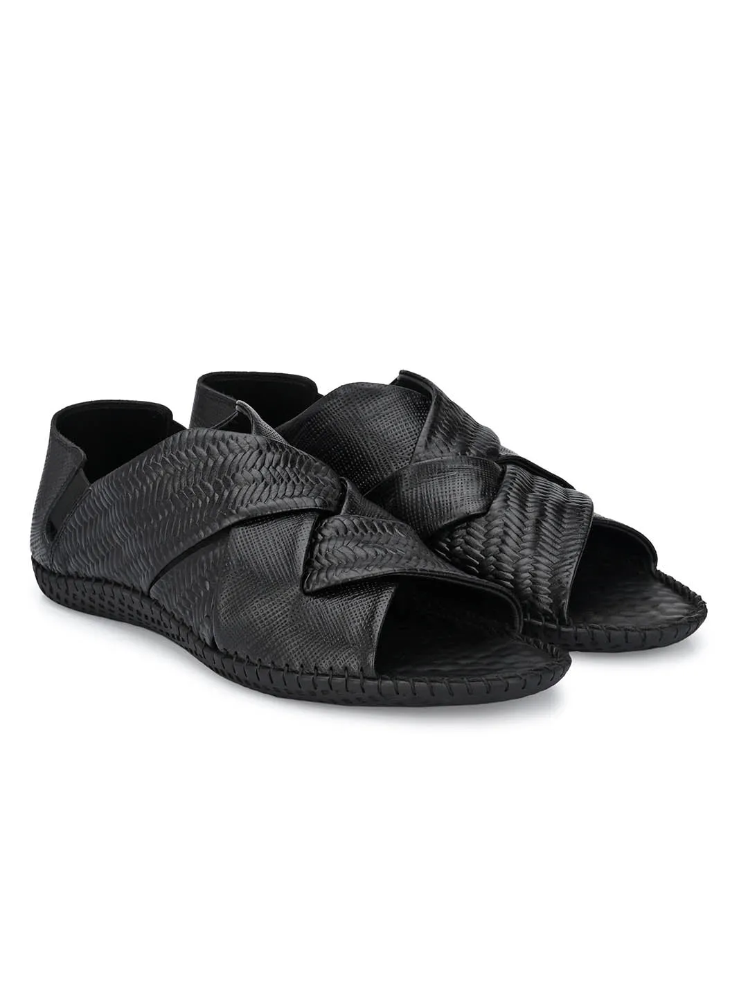 Hitz Men's Black Leather Slip-On Open Toe Casual Sandals