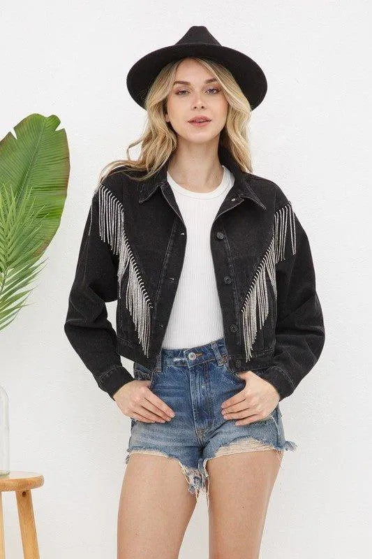 Kendal Rhinestone Fringe Denim Jacket