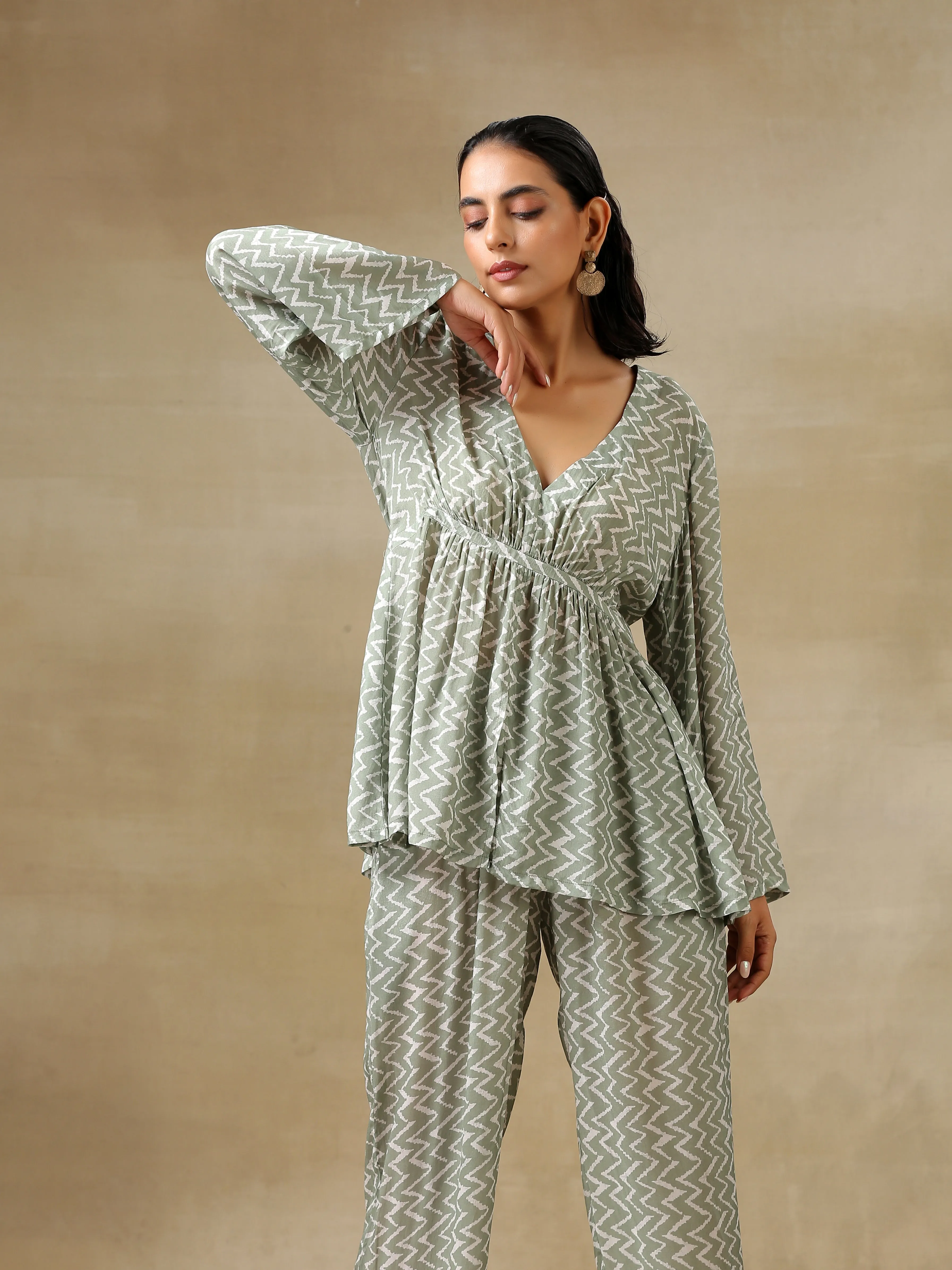 Light Green Bandhani Printed Silk V-Neck Co-Ord Set