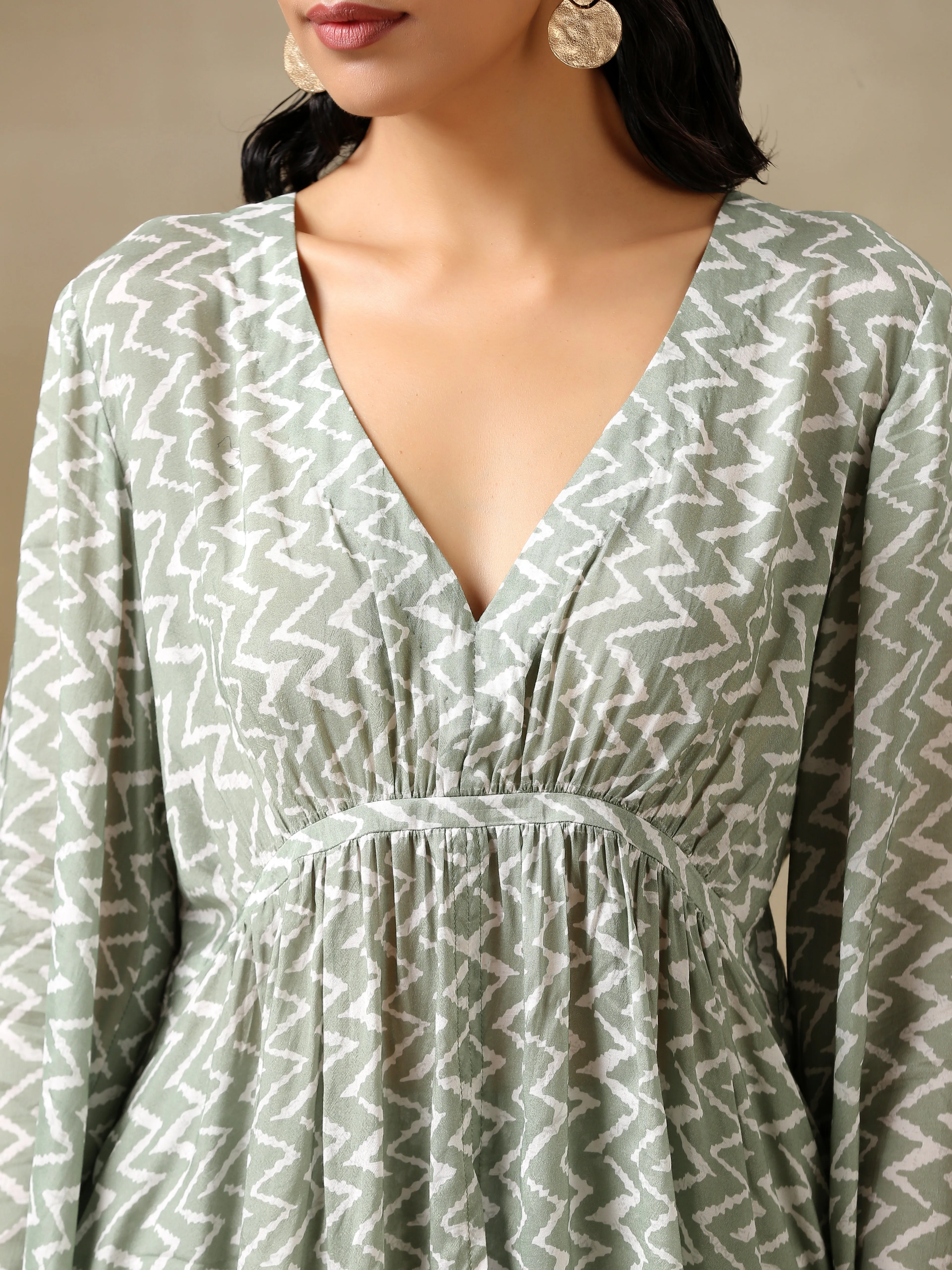 Light Green Bandhani Printed Silk V-Neck Co-Ord Set