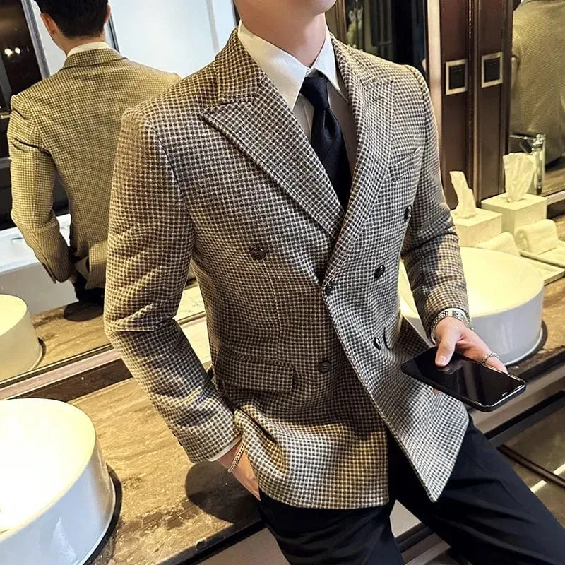 Luxury British Style Men's Double Breasted Slim Fit Houndstooth Blazer Dress Jacket