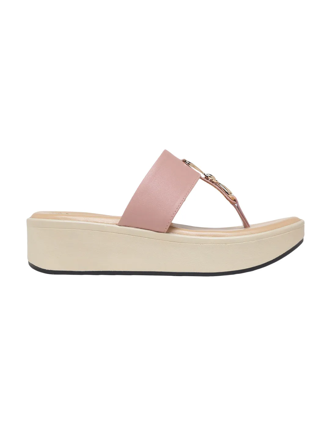 Meera T-Strap Gleam Trim Pink Flatform Sandals