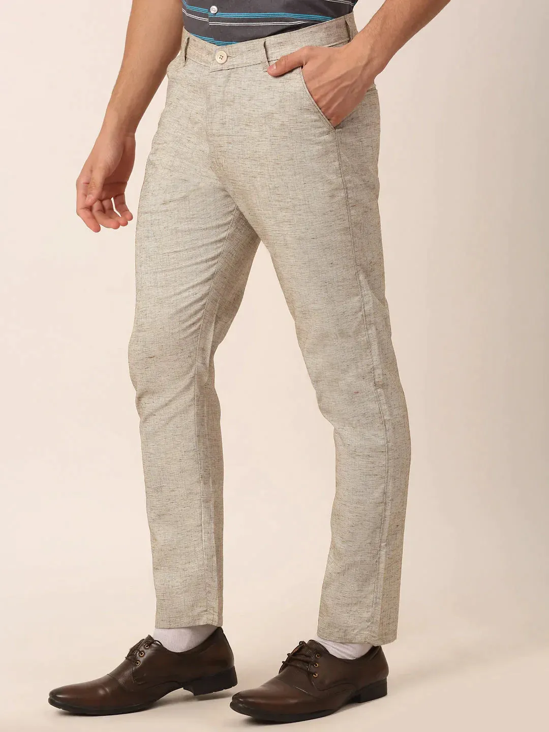 Men'S Beige Linan Cotton Formal Trousers