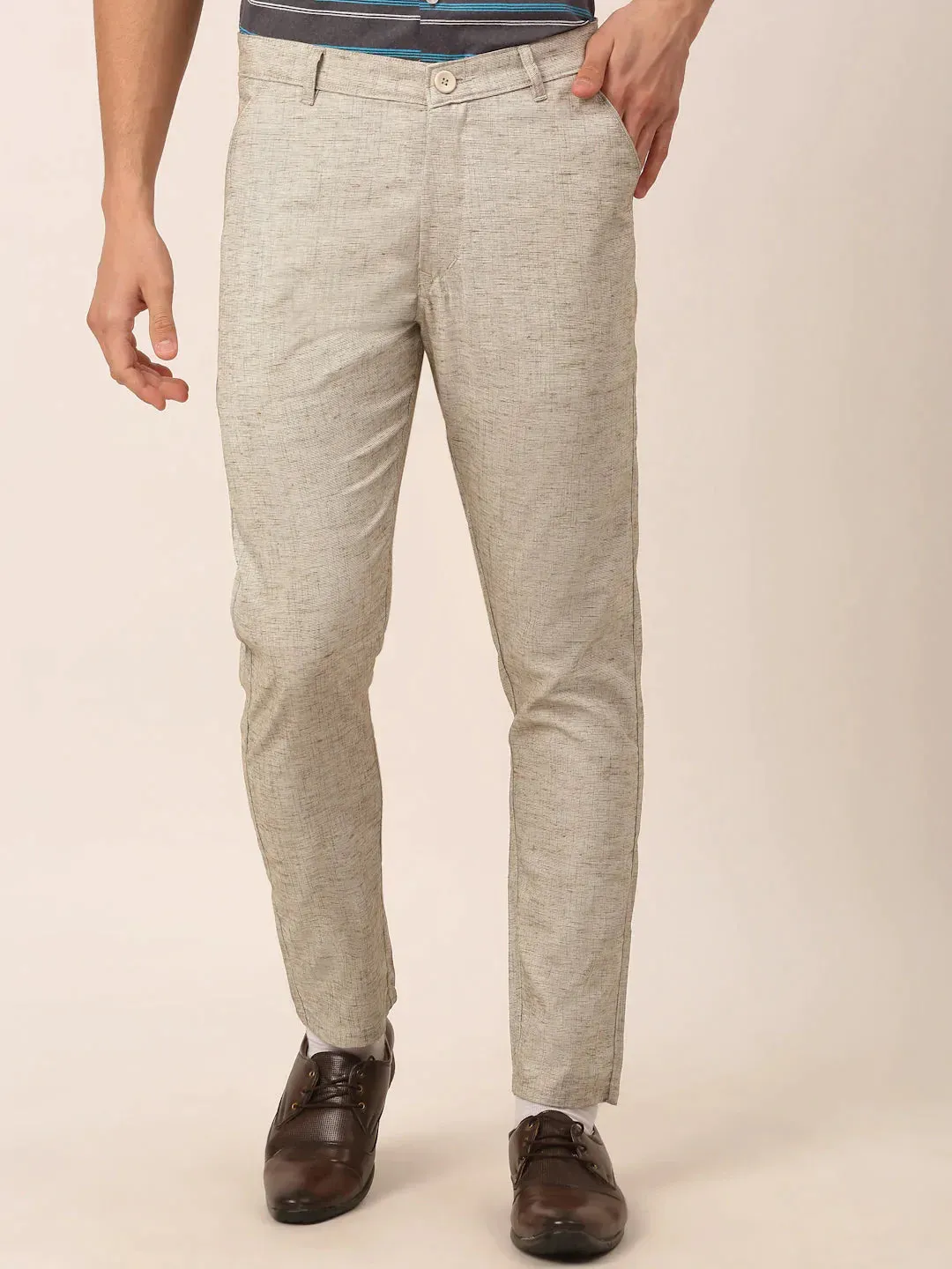 Men'S Beige Linan Cotton Formal Trousers