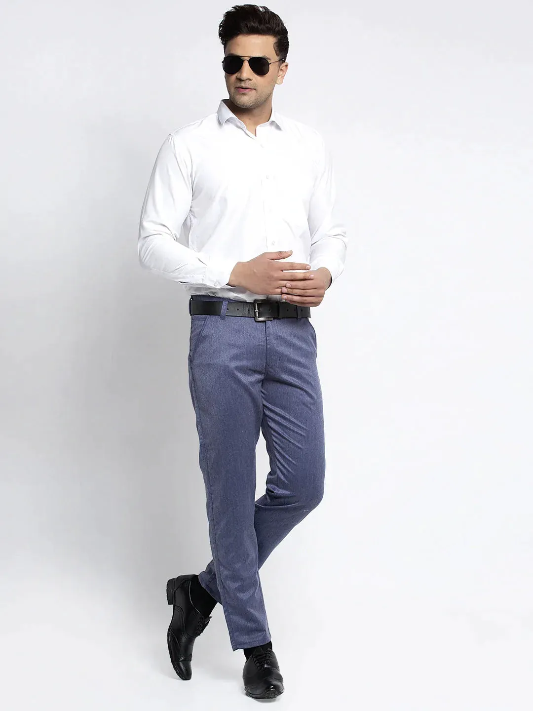 Men'S Blue Cotton Solid Formal Trousers