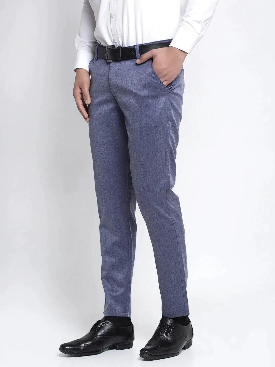 Men'S Blue Cotton Solid Formal Trousers