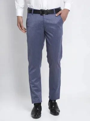 Men'S Blue Cotton Solid Formal Trousers