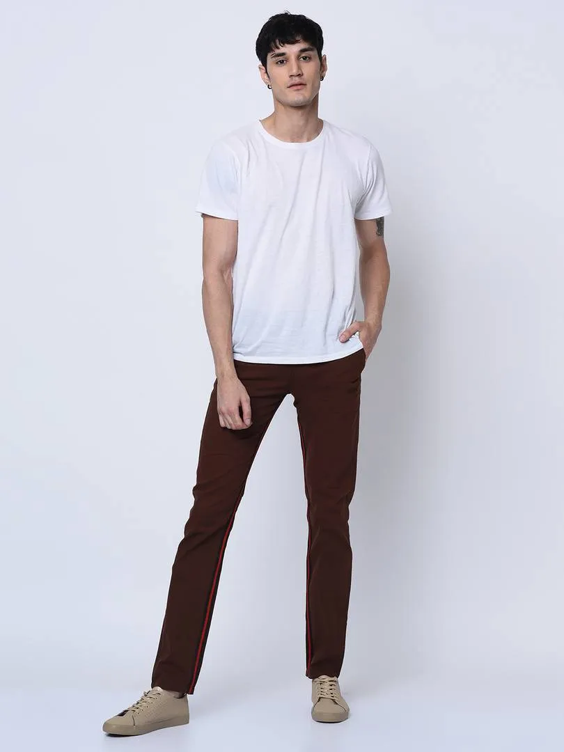 Men's Brown Cotton Blend Solid Low-Rise Slim Fit Regular Trousers