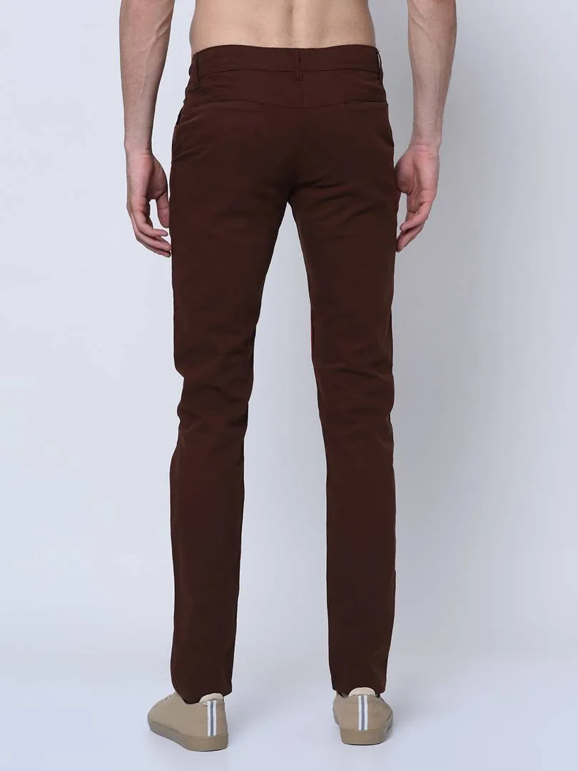 Men's Brown Cotton Blend Solid Low-Rise Slim Fit Regular Trousers