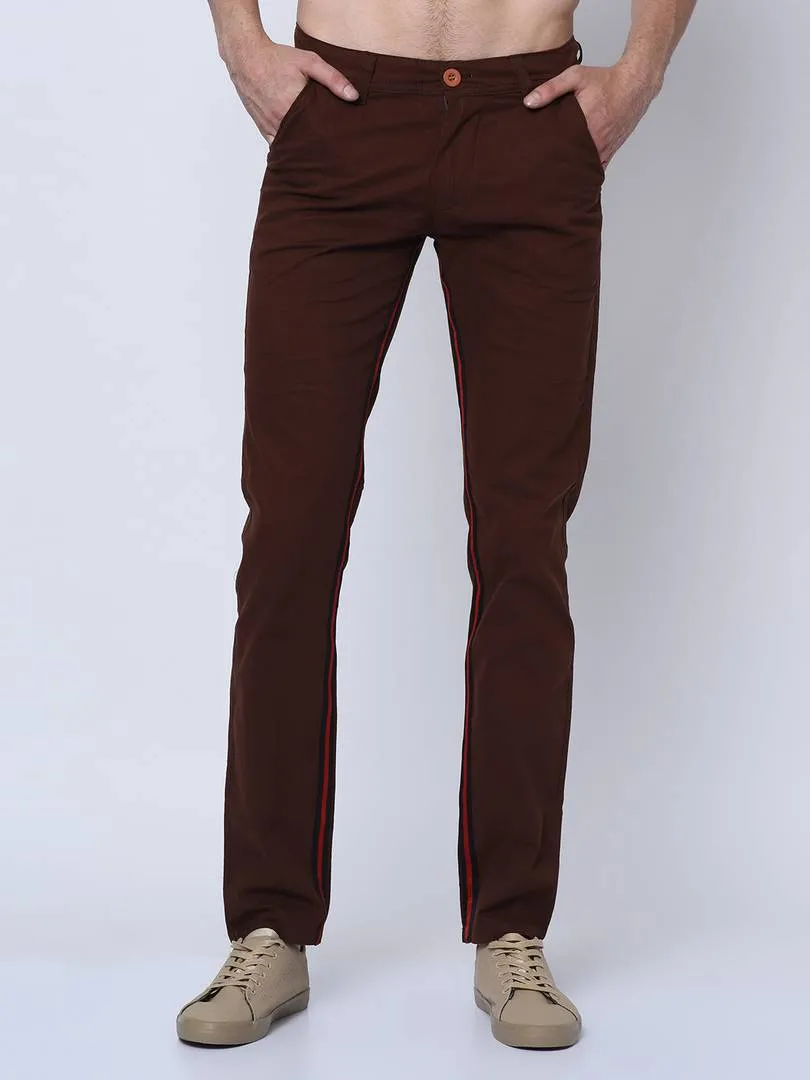 Men's Brown Cotton Blend Solid Low-Rise Slim Fit Regular Trousers