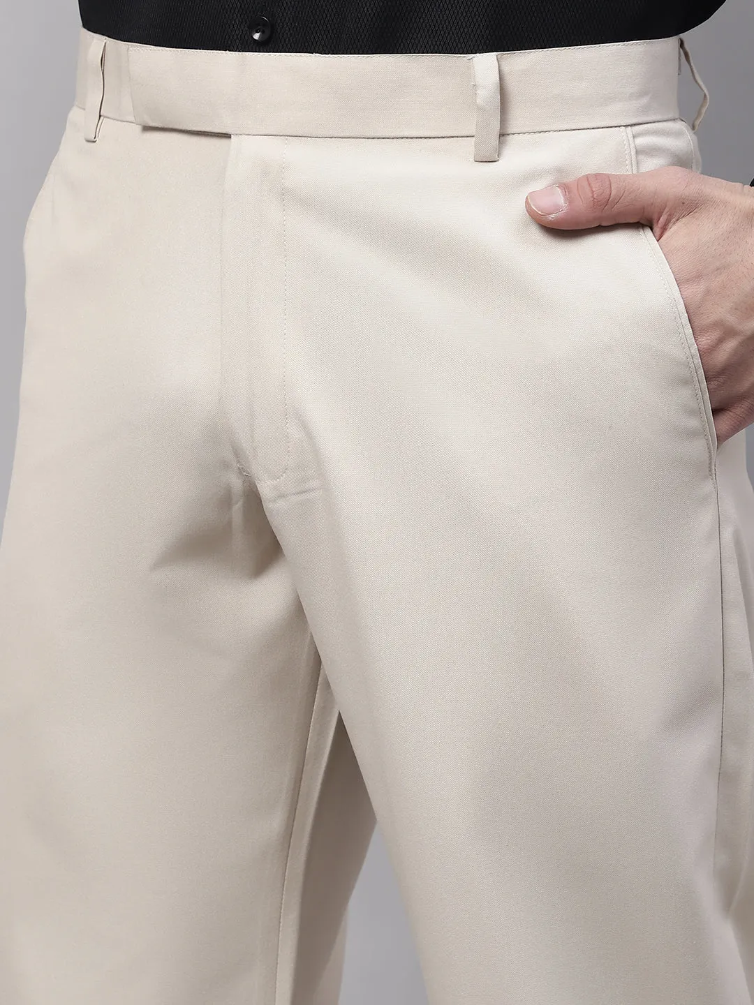 Men'S Cream Tapered Fit Formal Trousers