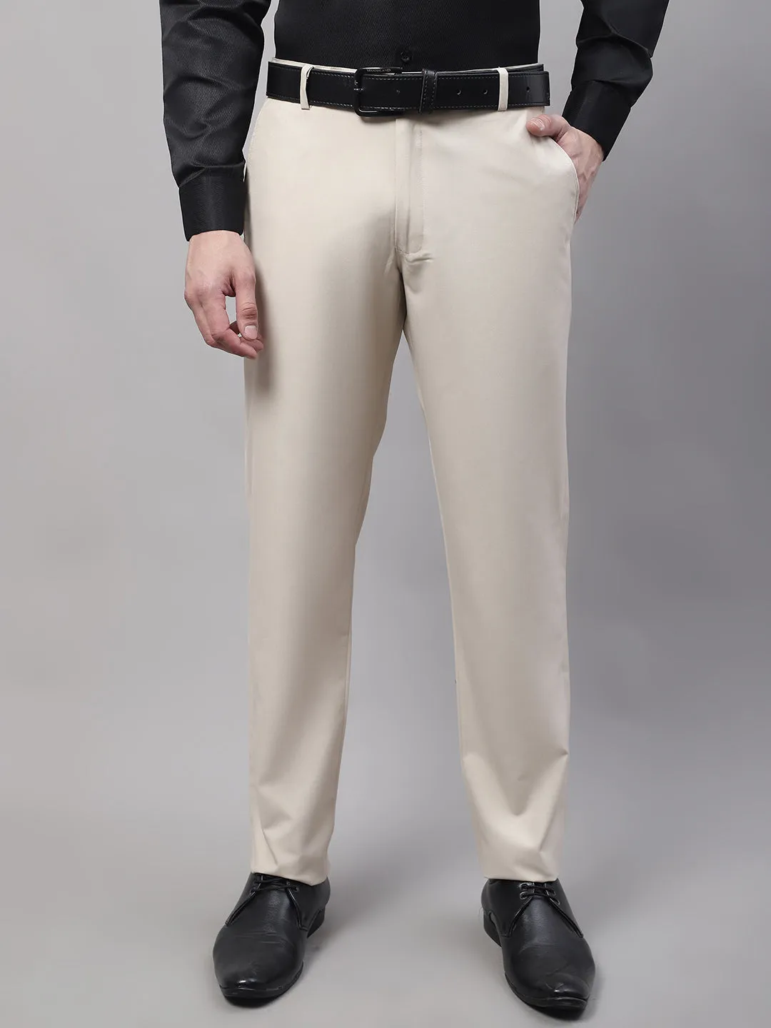 Men'S Cream Tapered Fit Formal Trousers