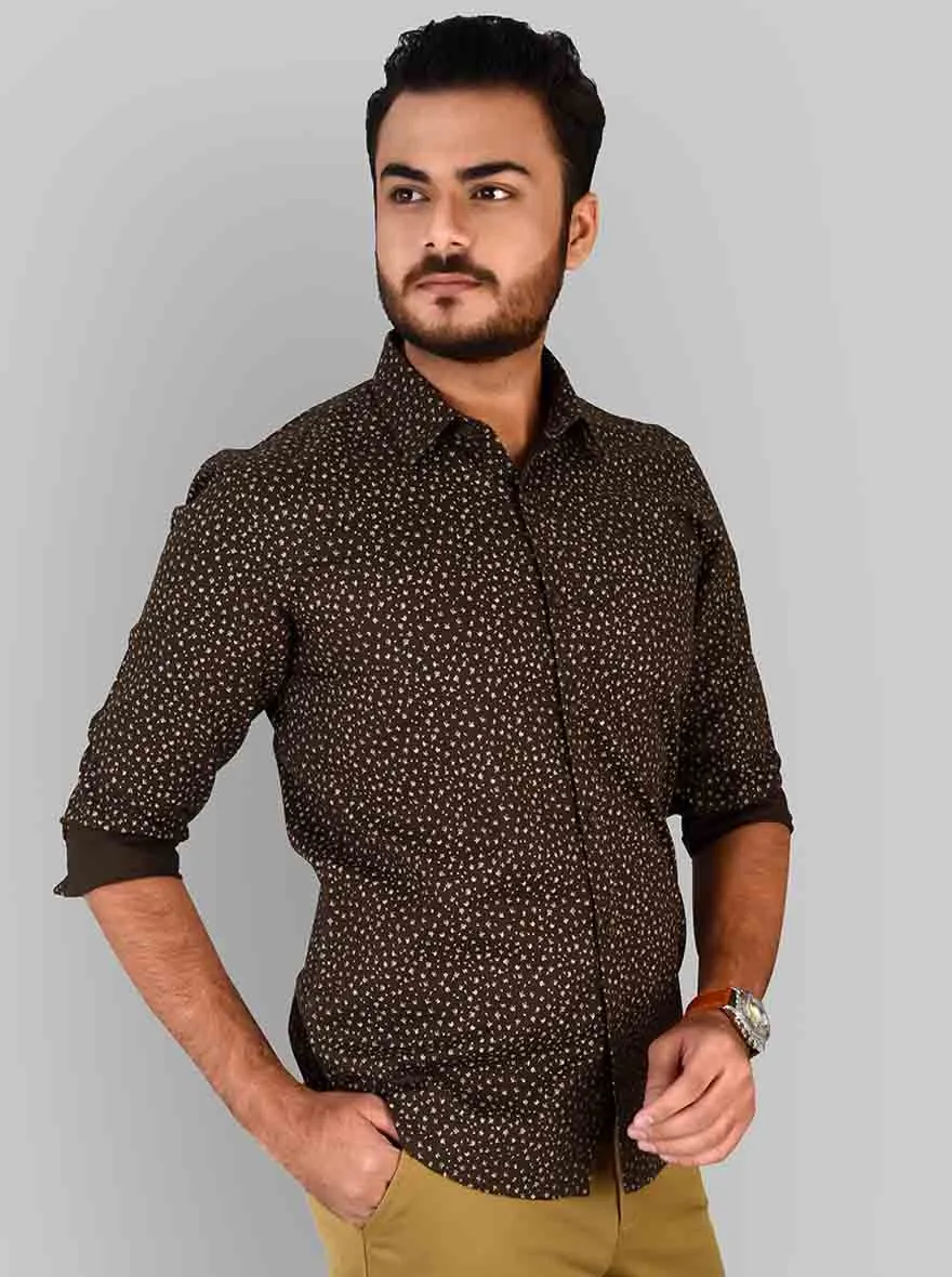 Mud Brown Printed Slim Fit Casual Shirt | JadeBlue