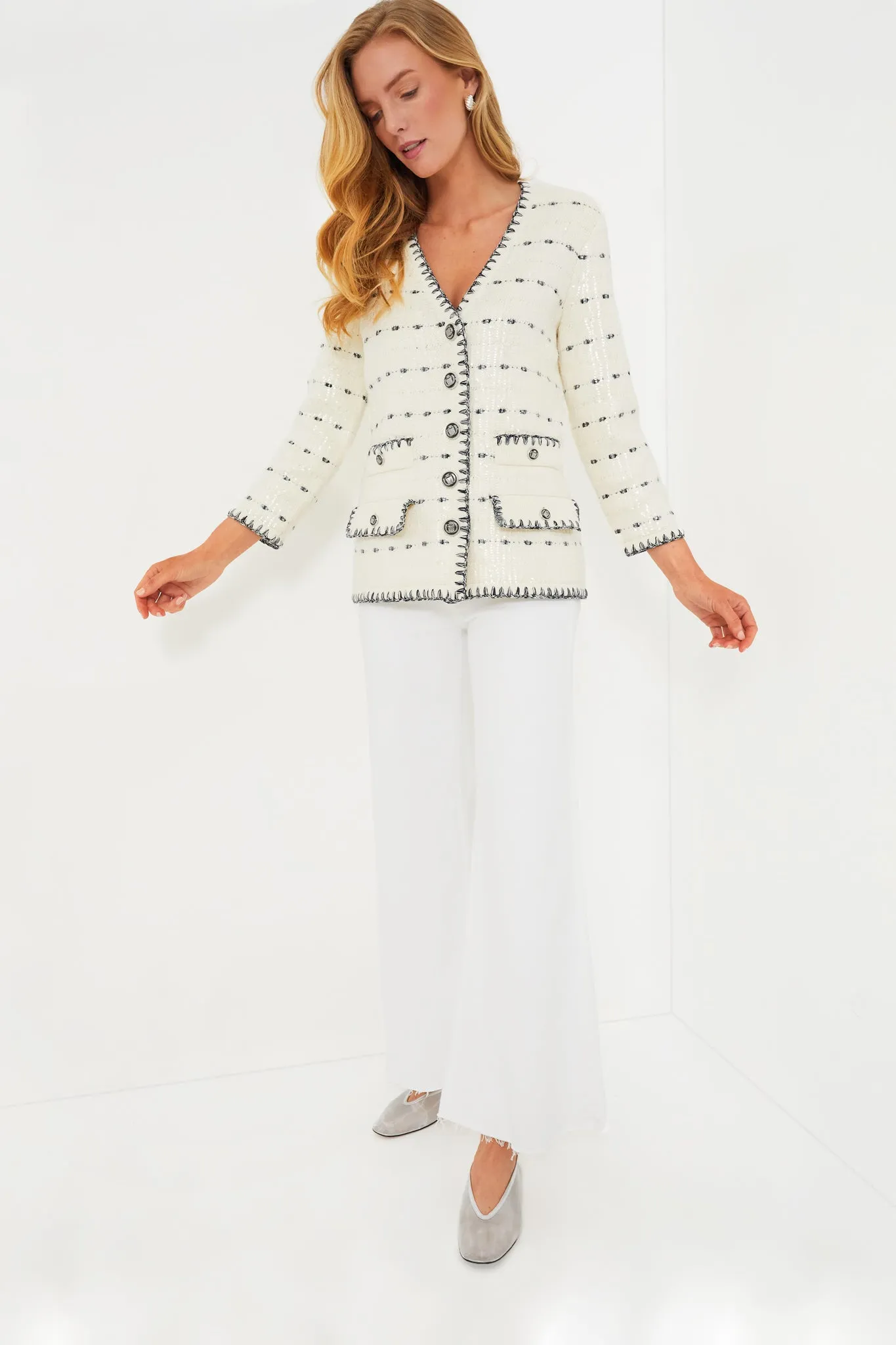 Off White and Navy Ceriani Knit Jacket with Sequins